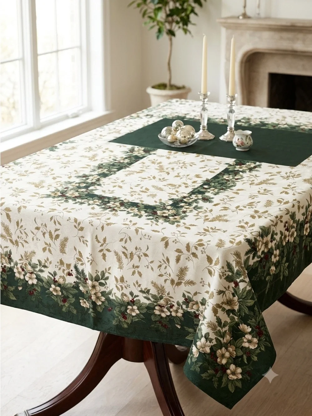 Vintage Table Cloth Luxury Holiday Christmas Floral Holly Ivory Cream Gold Green